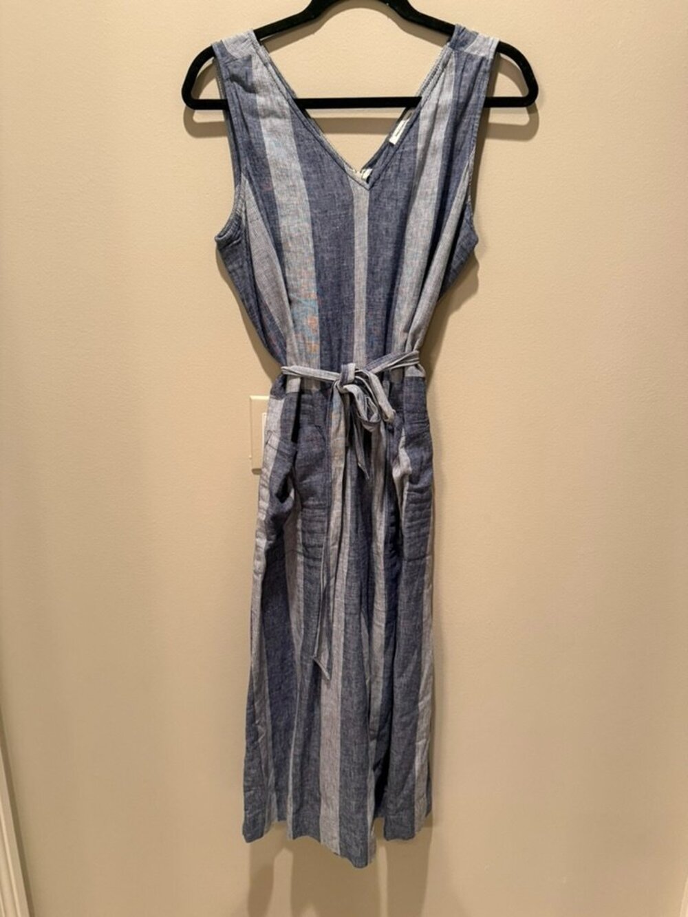 beachlunchlounge Blue White Striped Linen Blend Wide Leg Jumpsuit Size Large
